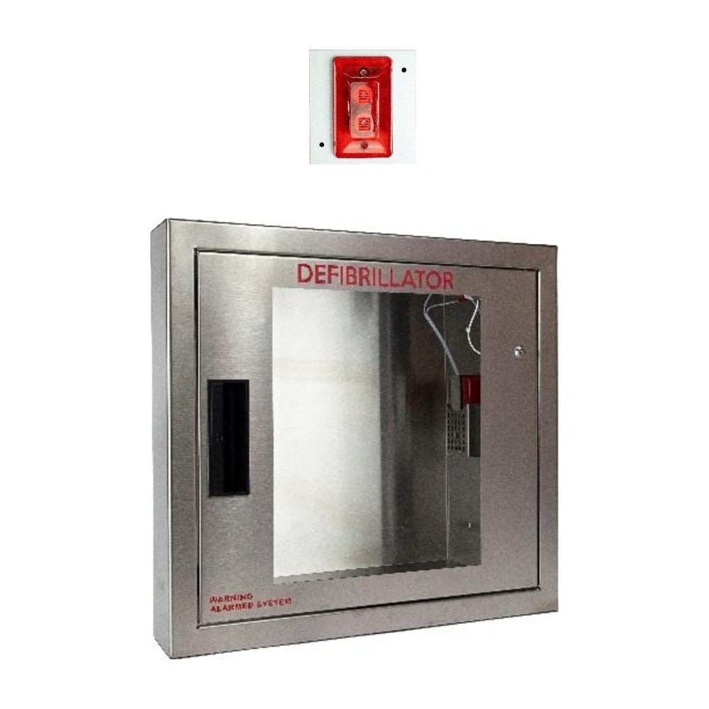Cubix stainless steel semi recessed AED cabinet with alarm and strobe light