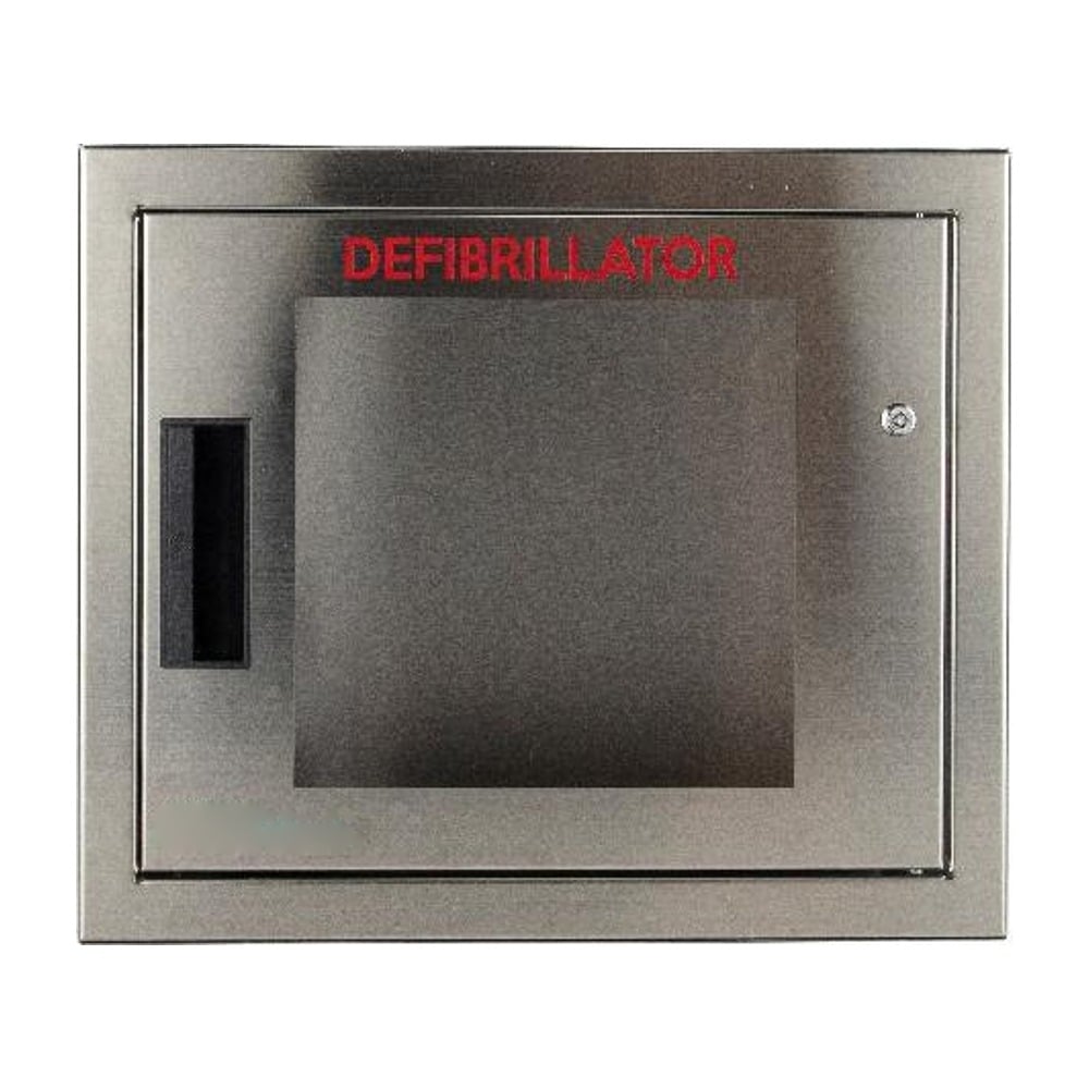Cubix stainless steel semi recessed AED cabinet, non-alarmed, small
