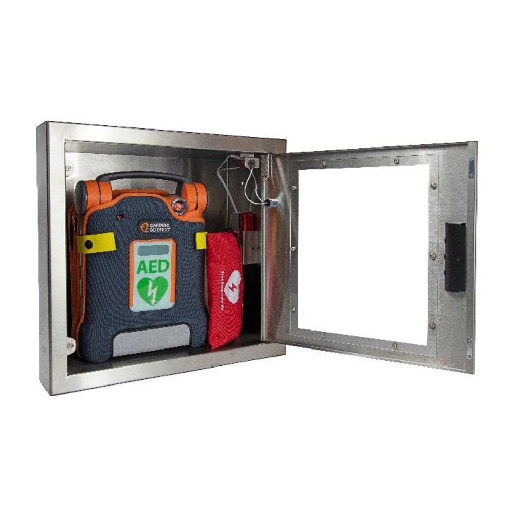 Cubix stainless steel semi recessed AED cabinet open with AED inside Cubix stainless steel semi recessed AED cabinet open with AED inside
