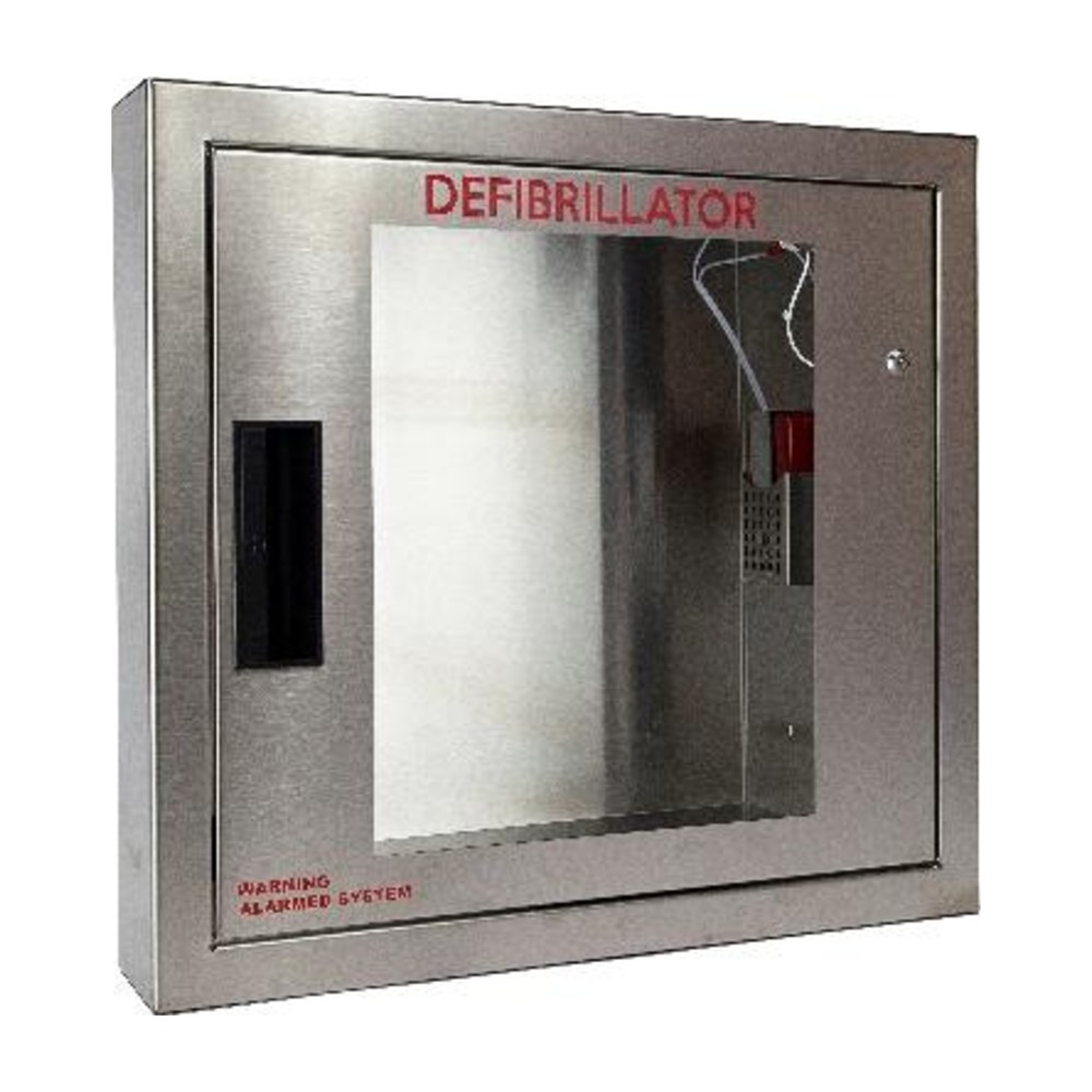 Cubix stainless steel semi recessed AED cabinet with window