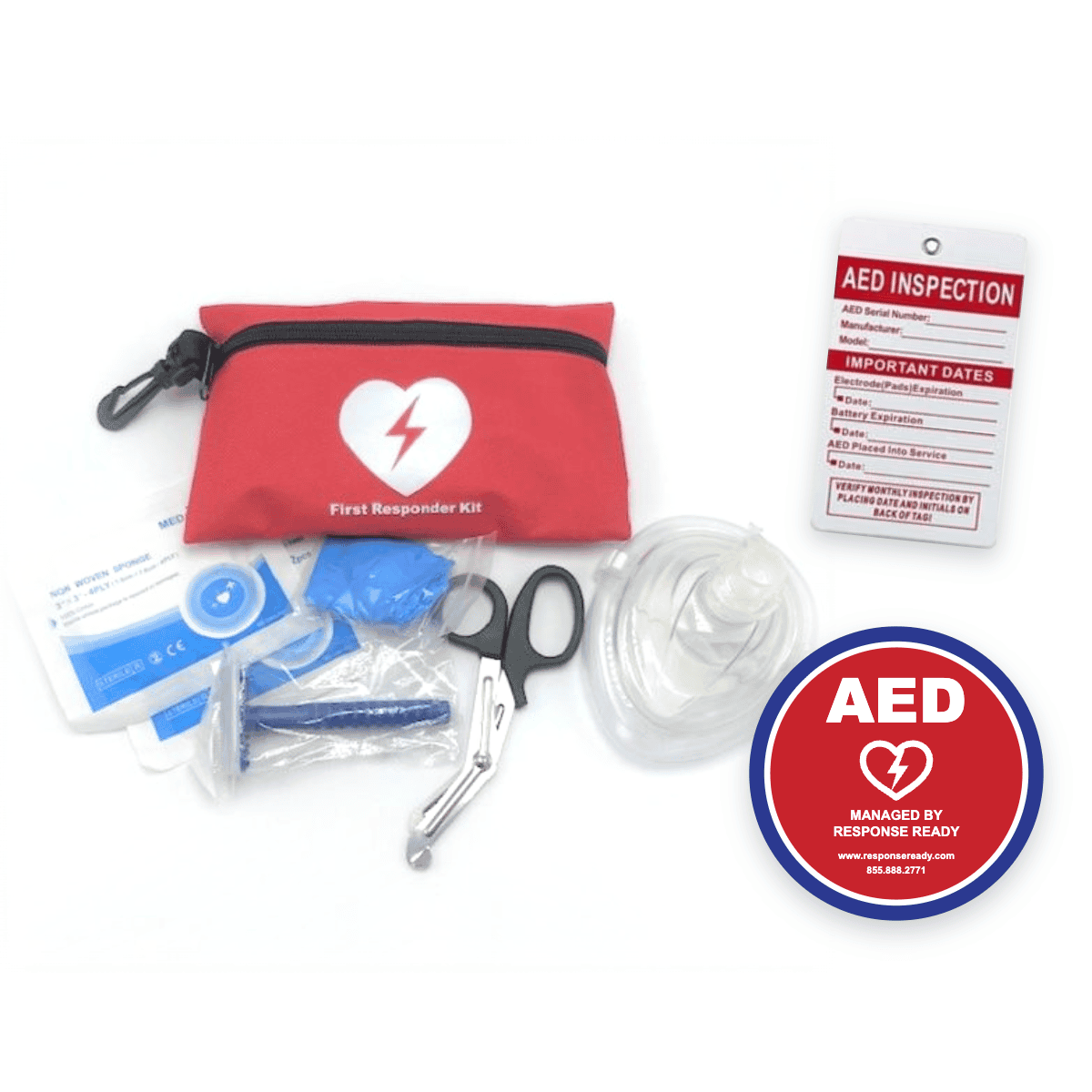 First Responder Kit (Red), AED inspection tag and AED decal